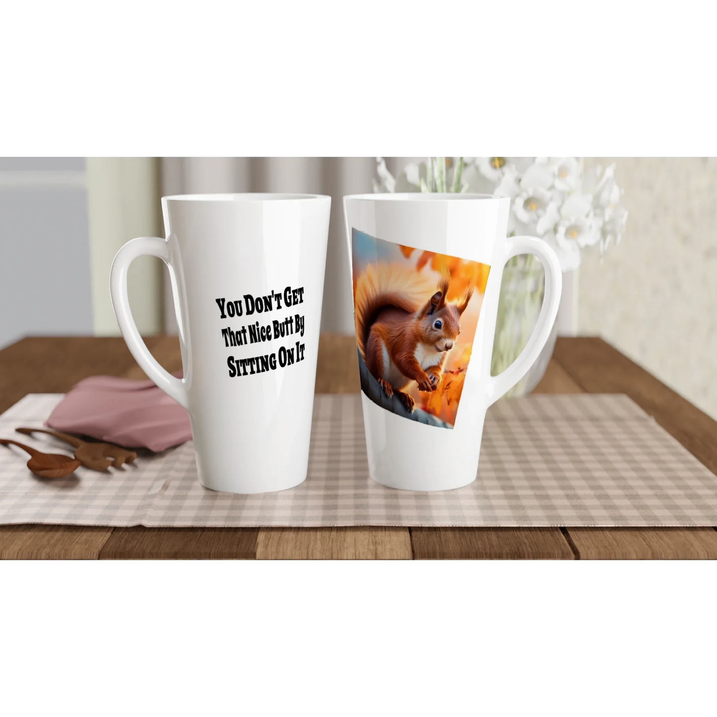 Weißer Jumbo-Becher mit Eichhörnchen und witzigem Spruch