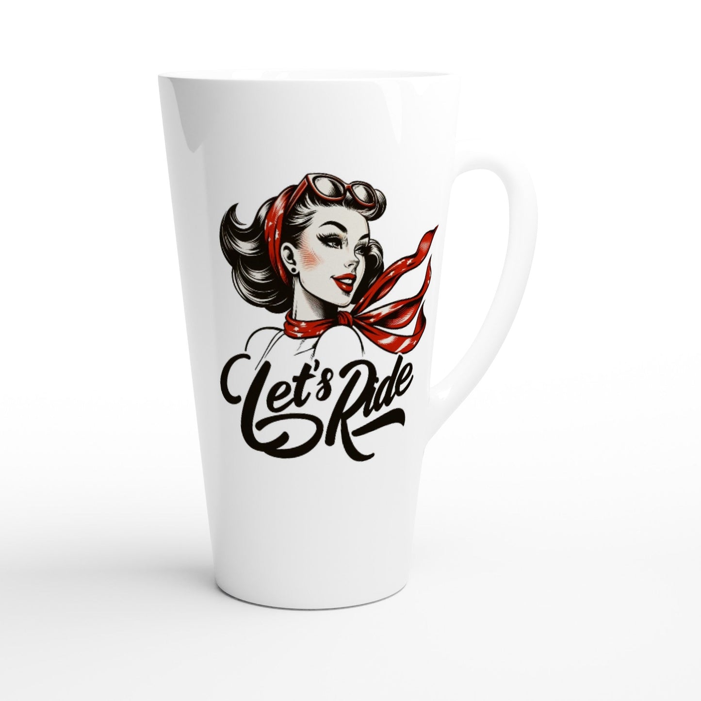 WEiße Jumbo-Tasse mit 50er-Jahre Girl und Schriftzug Let's ride