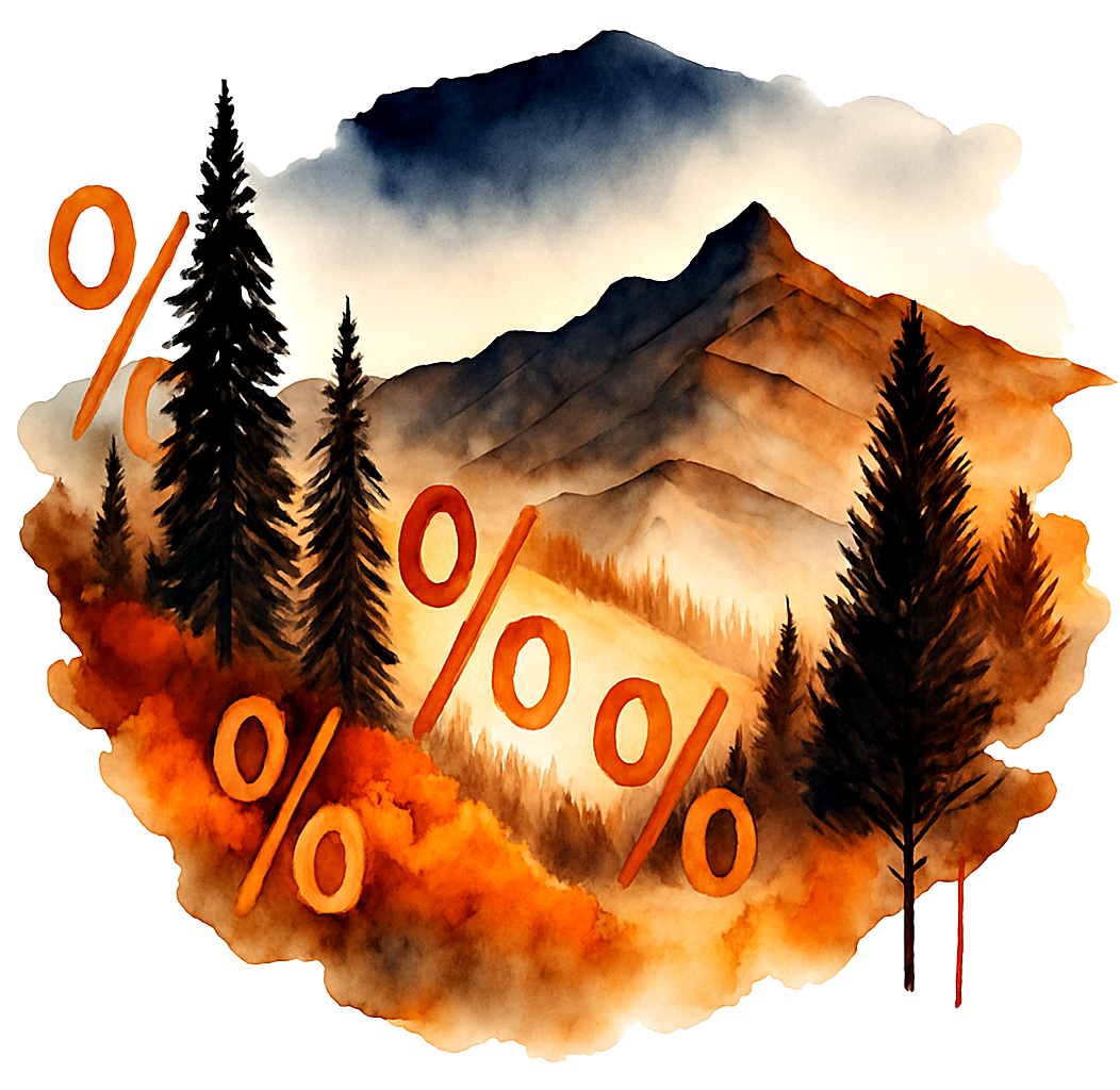 ein Aquarellbild einer Berglandschaft im Herbst mit Prozentzeichen