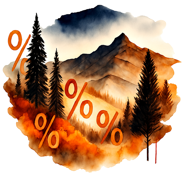ein Aquarellbild einer Berglandschaft im Herbst mit Prozentzeichen