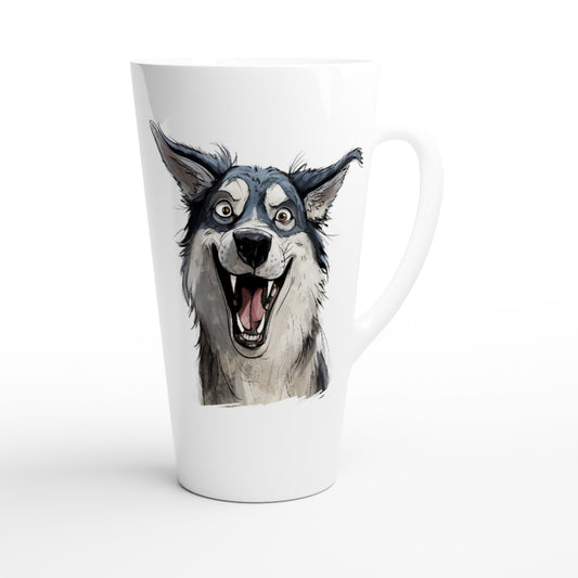 XXL-Tasse mit Zeichnung eines Hukies auf der einen Seite und dem Spruch "I am not responsible for what my face does while you talk" 