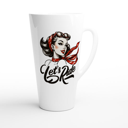 WEiße Jumbo-Tasse mit 50er-Jahre Girl und Schriftzug Let's ride